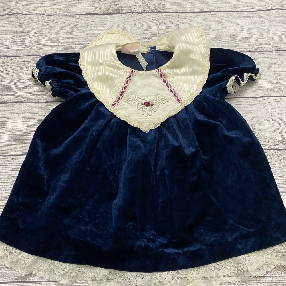 Vintage Little Precious Girls Blue Velvet Formal Dress Lace Trim Toddler Sz 3T